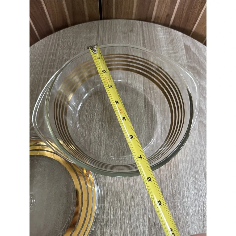 Inlaid Glass Golden Stripe Ovenware Casserole Dish With Lid Vintage Clear Glass